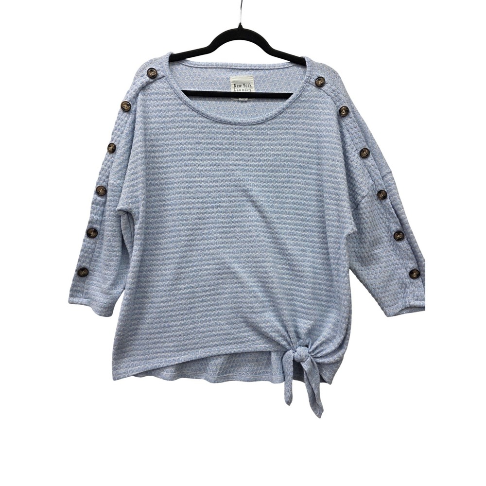 New York Laundry‎ Blue Waffle Knit Side Tie Button Sleeve Top Large